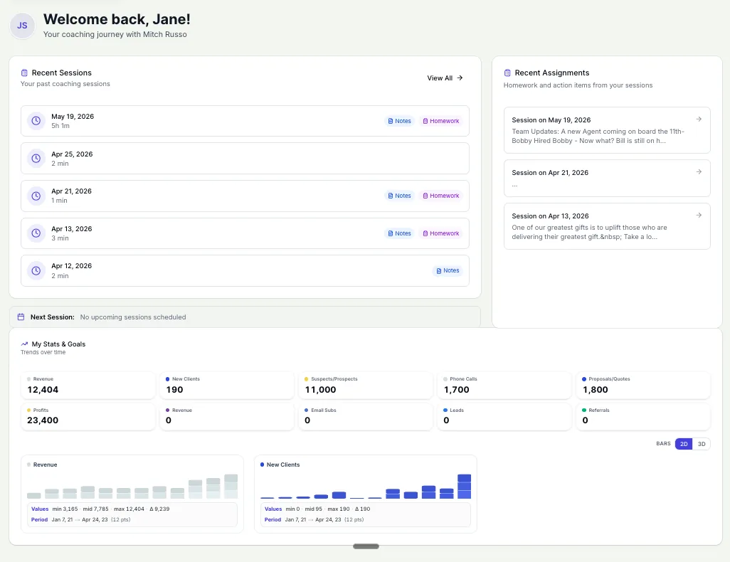 ClickCoach client portal showing Welcome back Jane, recent sessions, assignments, and stats