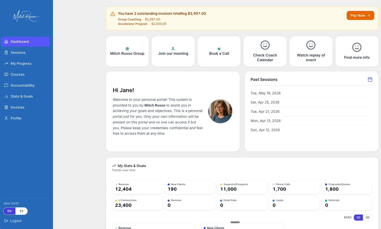 ClickCoach client portal with progress and account tools