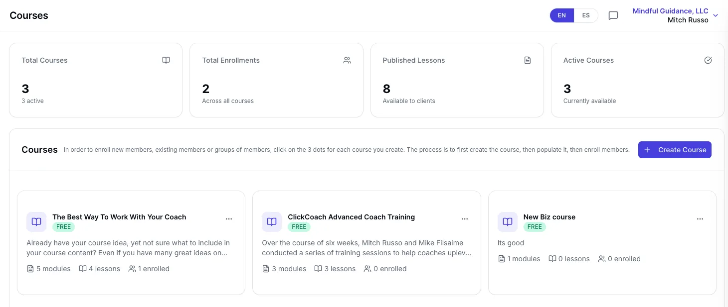 ClickCoach course management screen