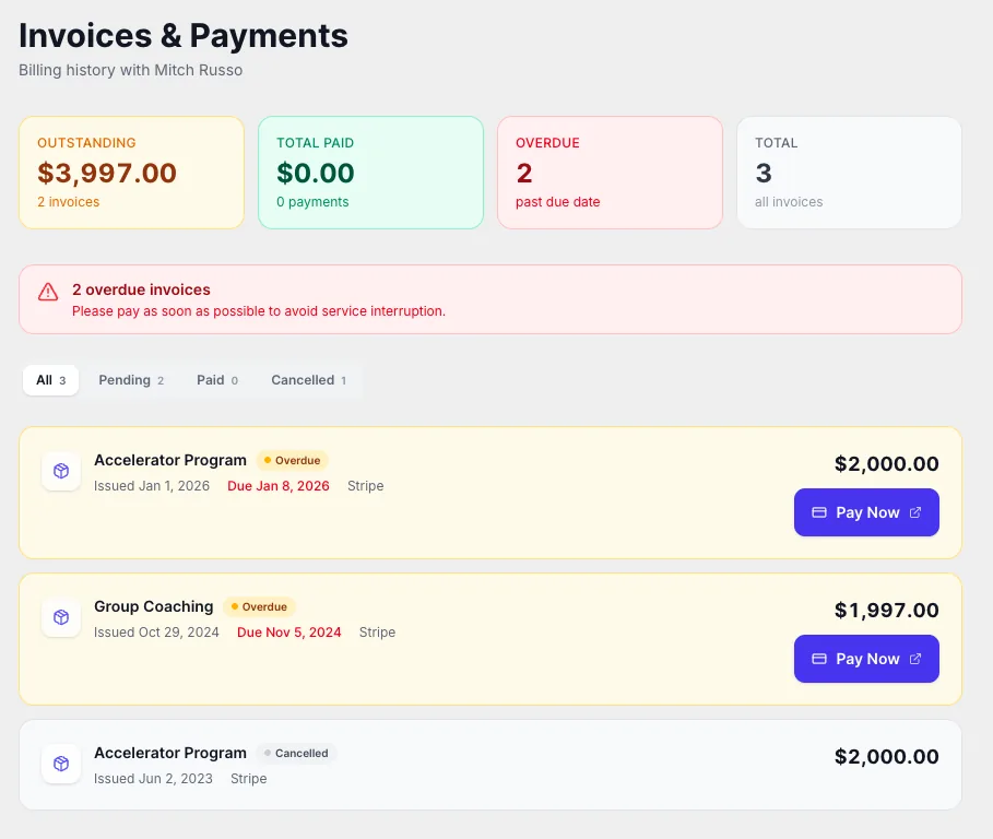 ClickCoach invoices and payments with e-sign flow