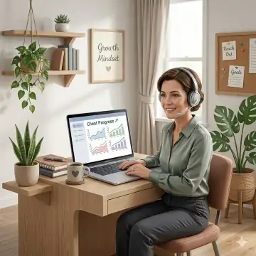 Coach in a home office wearing a headset while reviewing client progress on her laptop