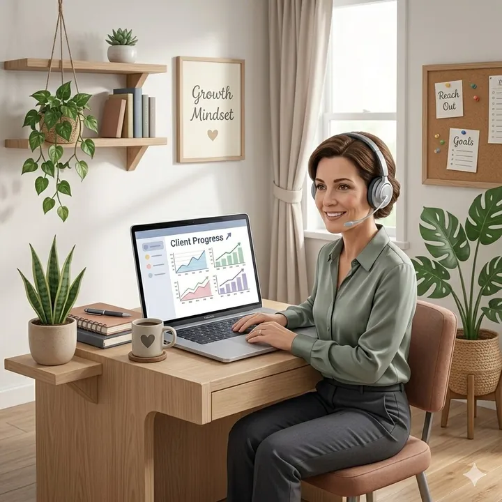 Coach preparing between-session prompts in a home office