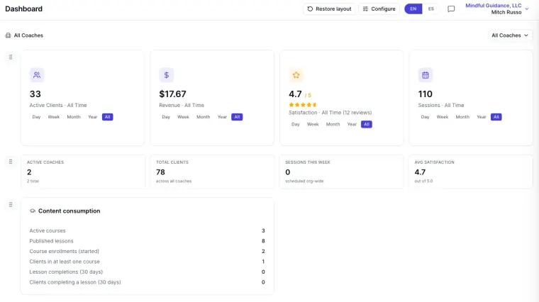 ClickCoach live session workspace with notes, homework status, and client progress in one view
