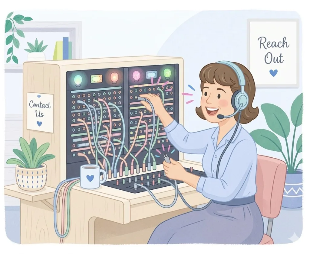 Illustration of a friendly support agent at a contact desk with headset and colorful switchboard, labeled Contact Us