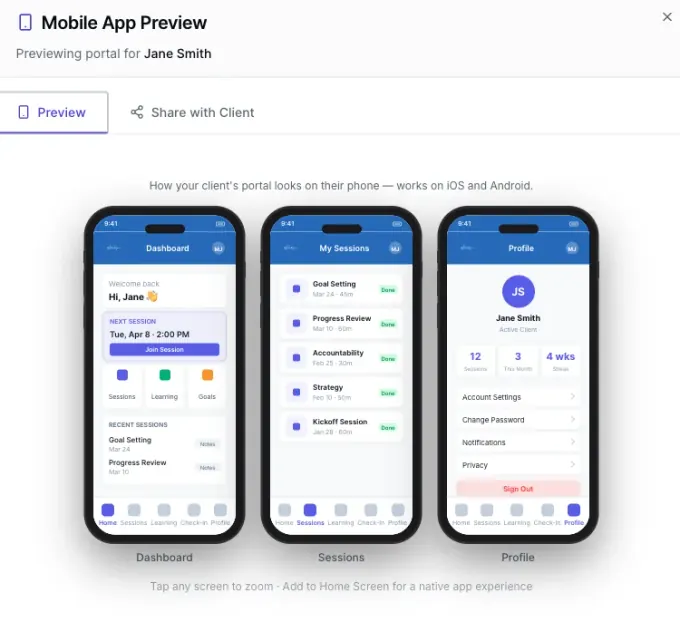 ClickCoach mobile client portal on phone