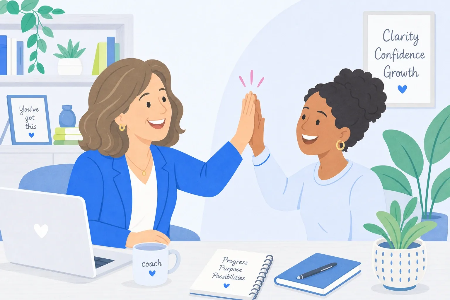 Illustrated coach and client celebrating with a high five in a home office