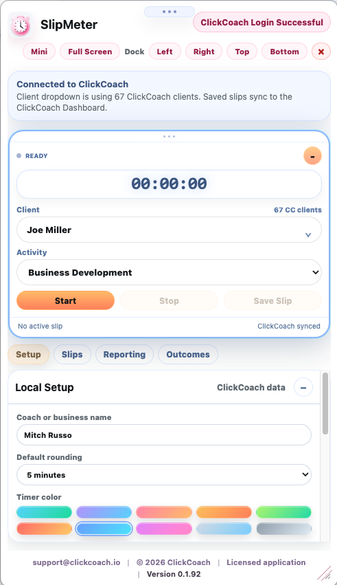 SlipMeter Mac app showing the timer, client and activity selectors, ClickCoach sync, slips, reports, and outcomes.